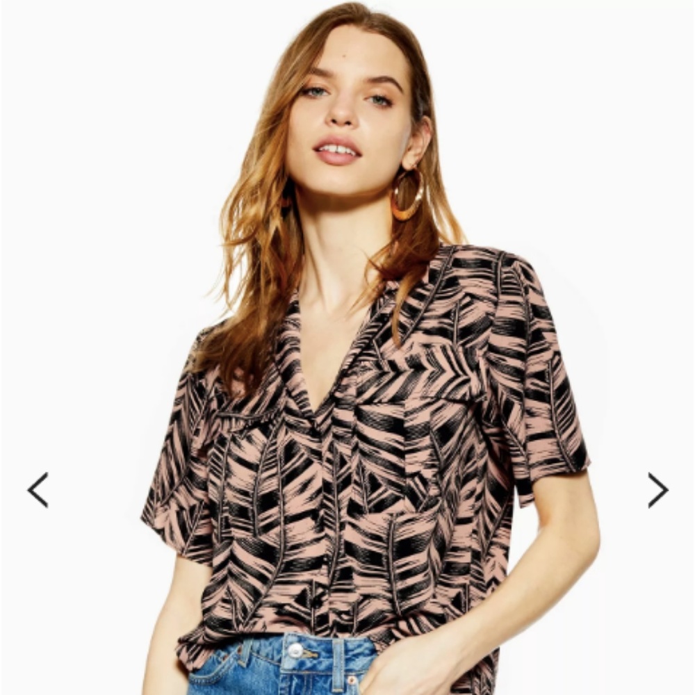 Topshop Pink and Black Palm-Print V-Neck Blouse